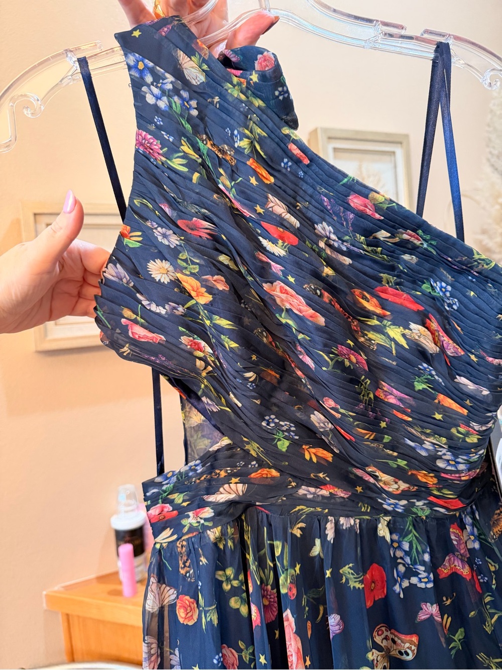 Floral One-Shoulder Navy Maxi Dress with Side Slit - Picture 2 of 5